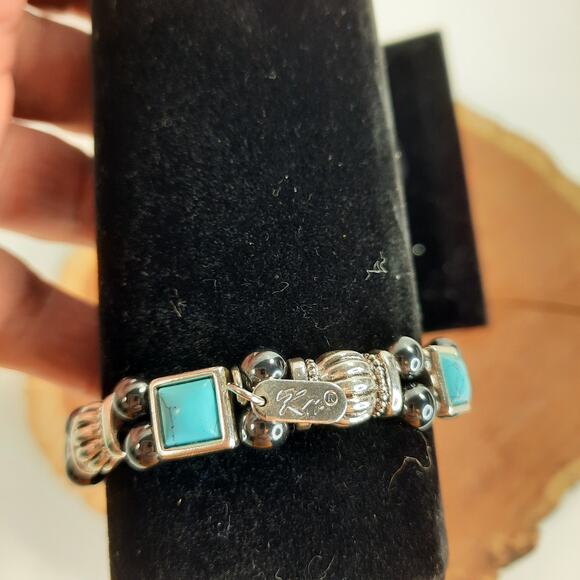 Magnetic Stretch Bracelet Silver Tone, Hematite,‎ Teal Cabochons - Picture 4 of 7